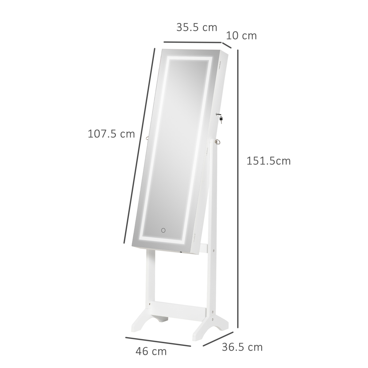 Mirrored Jewellery Cabinet  LED Light Lockable Jewellery Armoire White