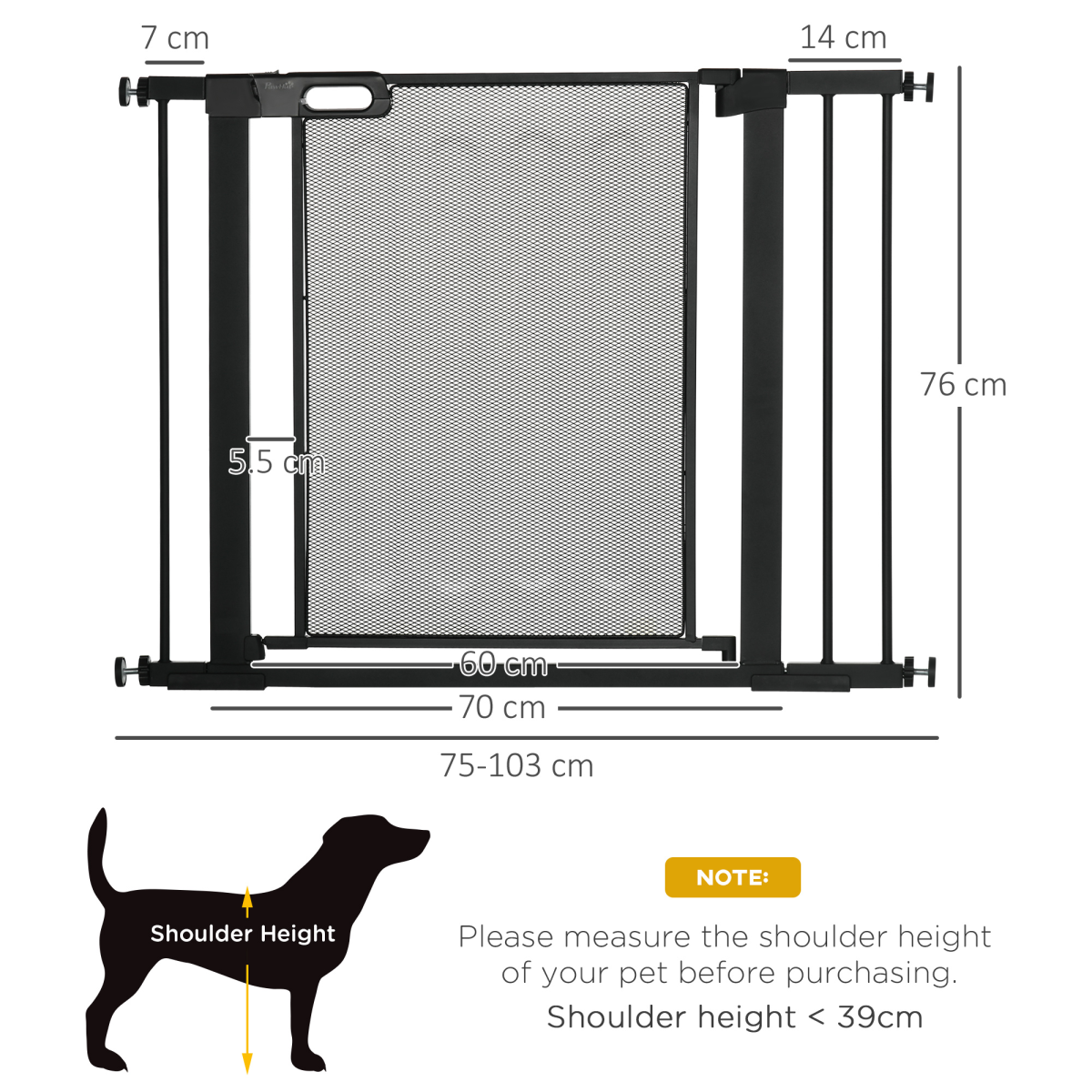 Pressure Fit Safety Gate for Doors Dog Gate Auto Close, 75-103 cm Black PawHut