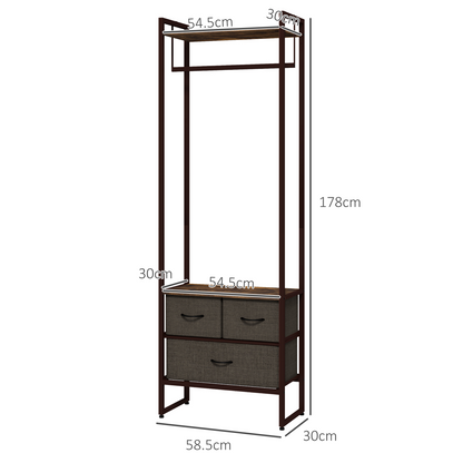 HOMCOM Clothes Hanging Rail with 3 Fabric Drawers Storage Shelves for Hallway
