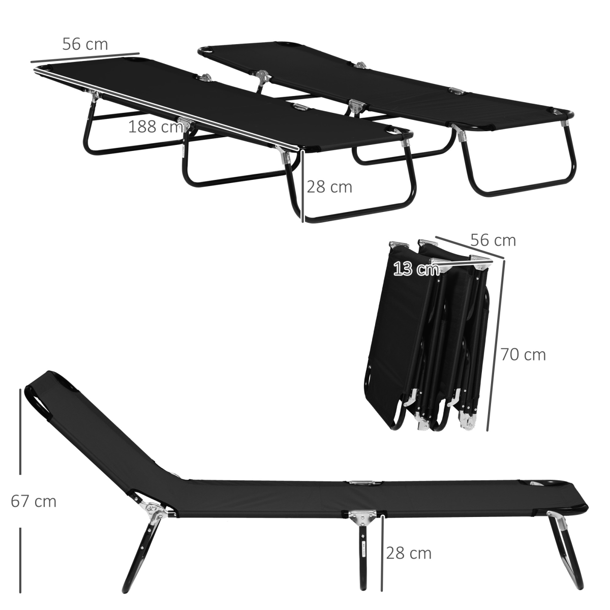 Outsunny  Folding Sun Loungers Set of 2 with Adjustable Backrest, Black