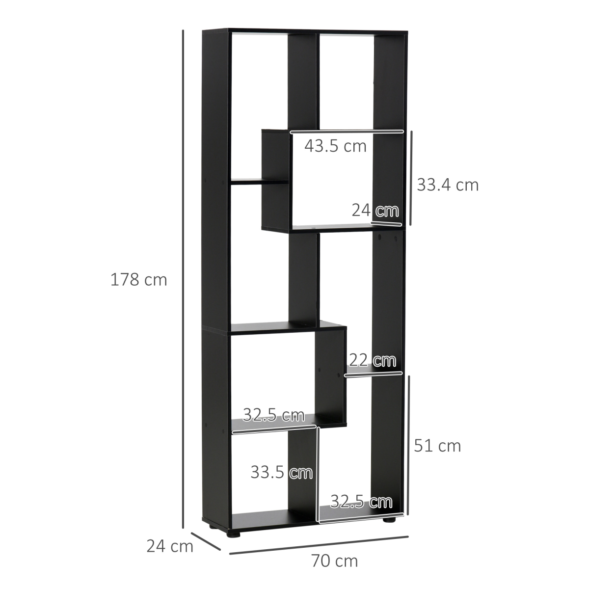 178cm 8-Shelf Bookcase w/ Melamine Surface Foot Pads Black Multipurpose 8-Grid