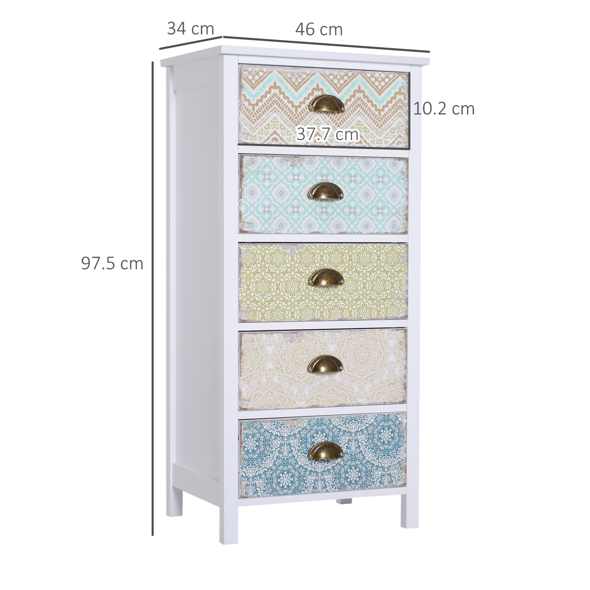 Storage Chest Unit Dresser 5 Drawer Retro Style Wood White Entryway