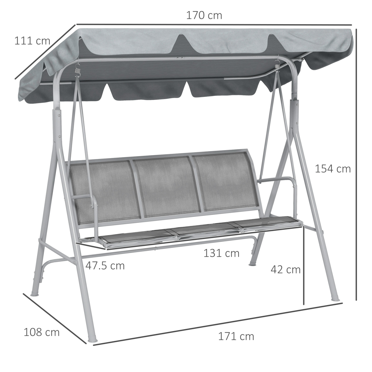Outsunny Metal Swing Chair Garden Hammock 3 Seater Patio Bench with Canopy, Grey