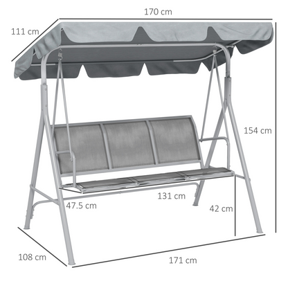 Outsunny Metal Swing Chair Garden Hammock 3 Seater Patio Bench with Canopy, Grey