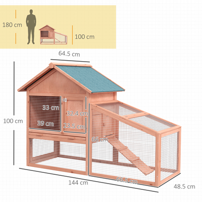 2 Tier Wood Rabbit Hutch Water Resistant Asphalt Roof Ramp 144 x 64.5 x 100 cm