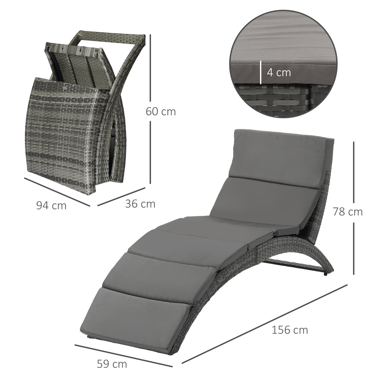 Garden Patio Rattan Wicker Folding Sun Lounger Cushion  Grey