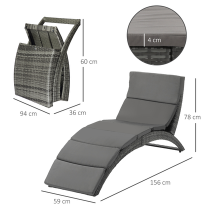 Garden Patio Rattan Wicker Folding Sun Lounger Cushion  Grey