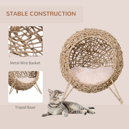 Rattan Elevated Cat House Kitten Bed Pet Furniture w/ Cushion Natural