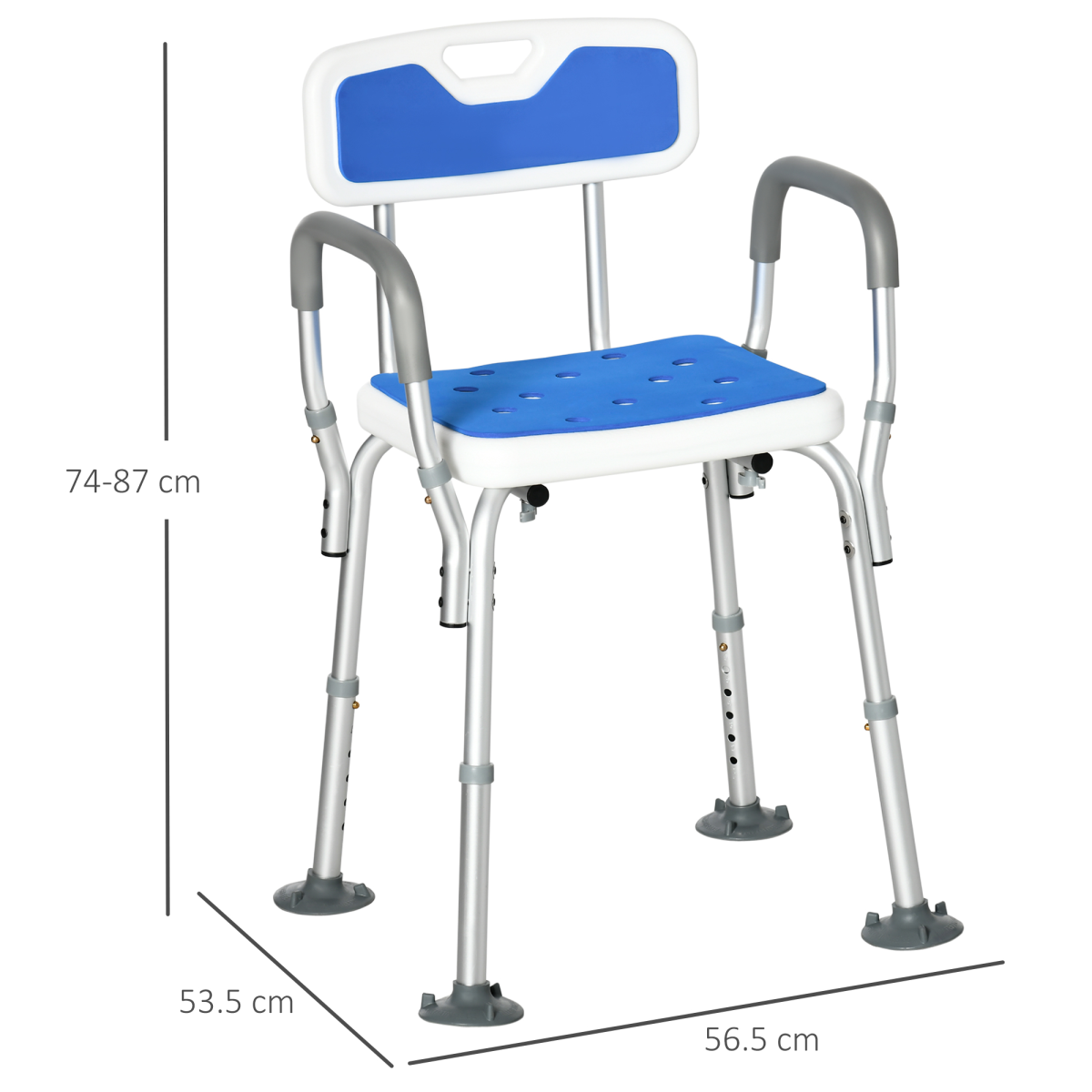 EVA Padded Shower Stool with Back and Arms 4 Suction Foot Pads Blue HOMCOM