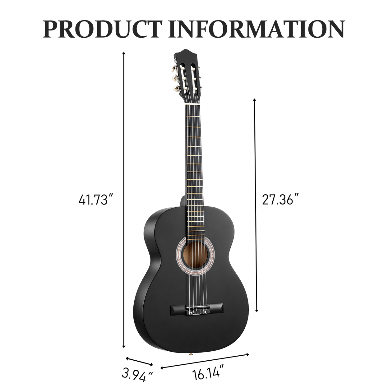 39 Inch Round Barrel Basswood Classical Folk Guitar (Matte Black)