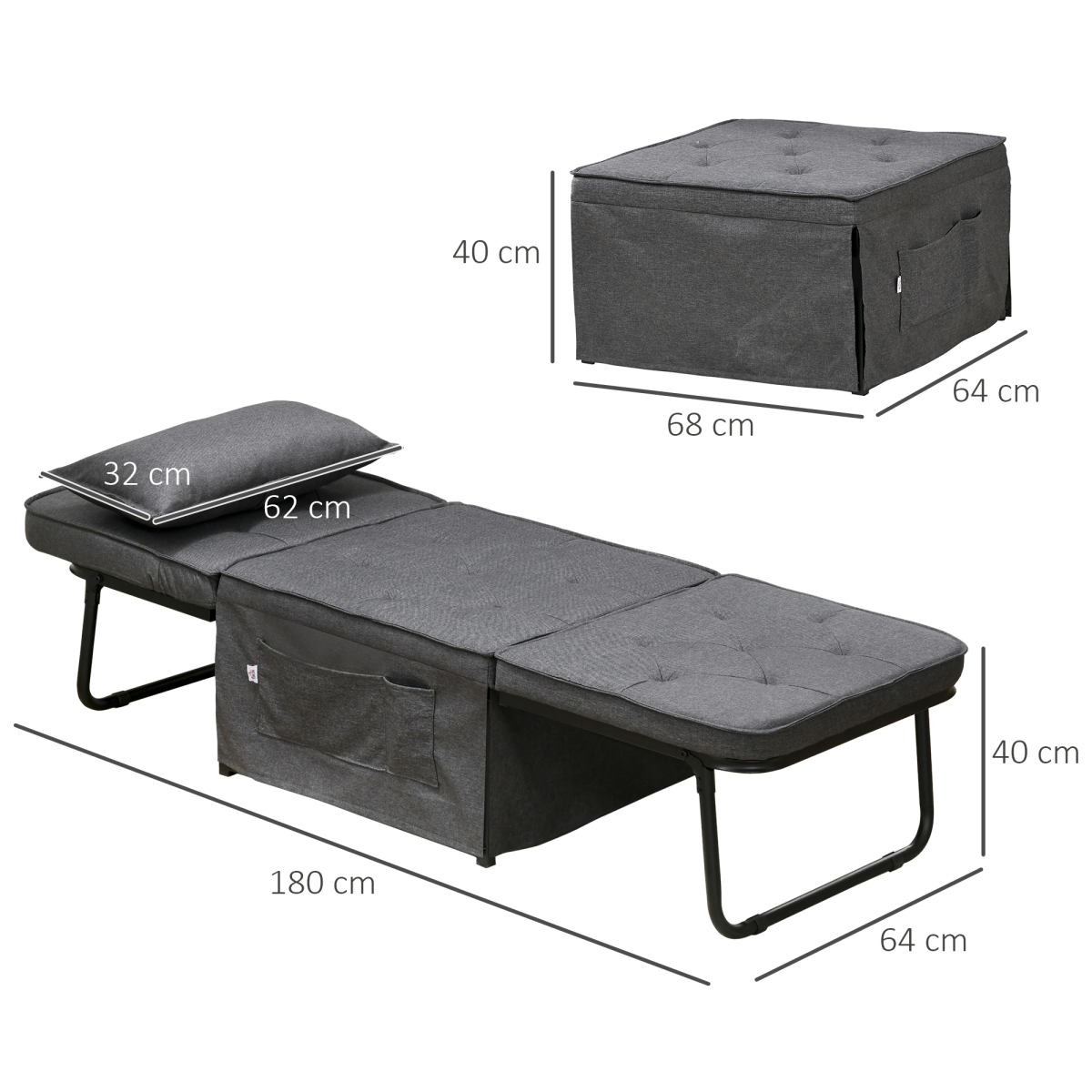 HOMCOM Folding Sleeper Chair Bed with Pillow and Side Pockets, Charcoal Grey
