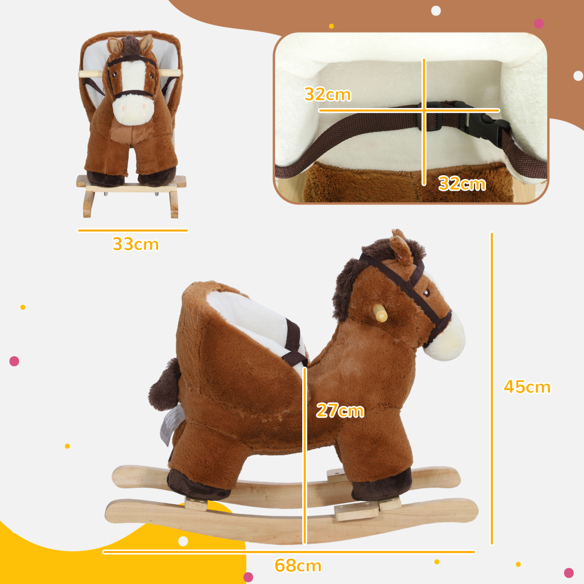 AIYAPLAY Kids Rocking Horse w/ Sound, Safety Belt - Brown