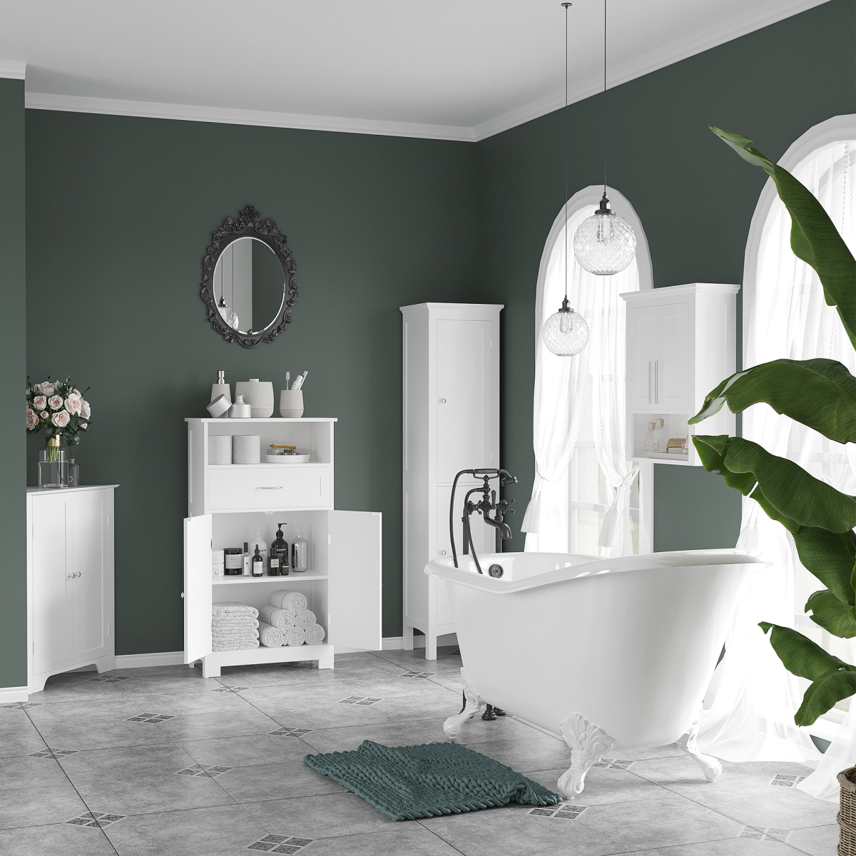 kleankin Tall Bathroom Cabinet with Adjustable Shelves, Double Door, White