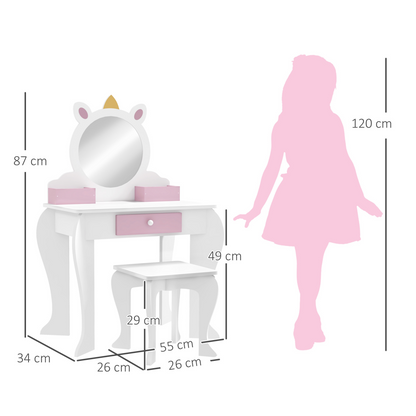 ZONEKIZ Kids Dressing Table with Mirror and Stool, Drawer, Storage Boxes - White