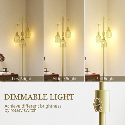 HOMCOM Industrial 3-Light Floor Lamp Dimmable Standing Lamp, Gold