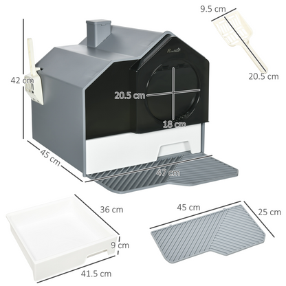 PawHut Hooded Cat Litter Tray with Scoop Drawer Pan, Handle, Deodorant