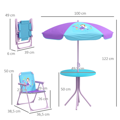 Outsunny Kids Bistro Table and Chair Set with Fairy Theme, Adjustable Parasol
