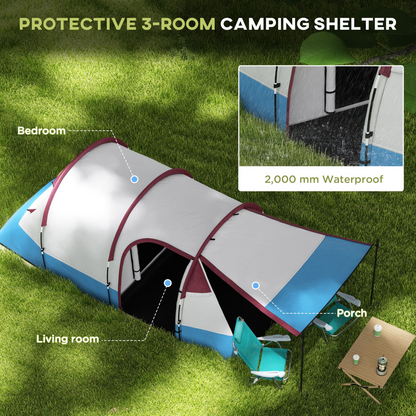 Outsunny 2-3 Man Camping Tunnel Tent with Bedroom and Living Room, Red