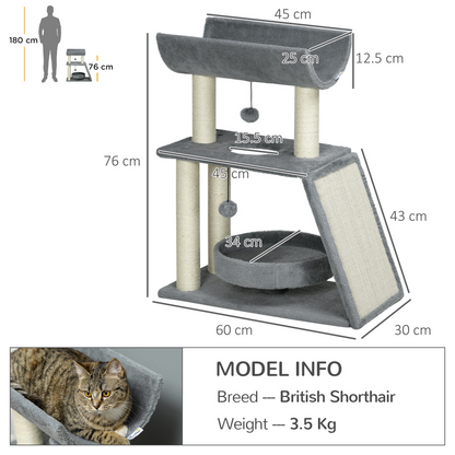 Cat Tree Tower for Indoor Cats w/ Scratching Posts, Pad, Light Grey, Toy Ball