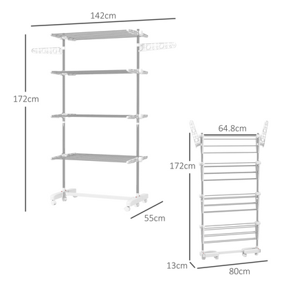 4 Layers Folding Cloth Hanger Stand Rail W/Wheels-White/Silver