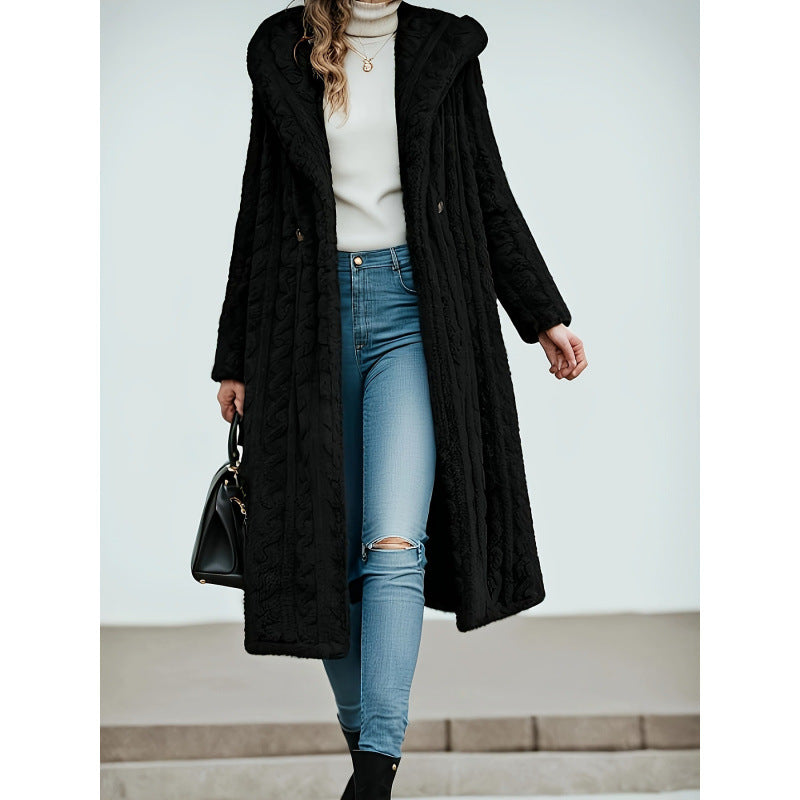 Fashion Long Solid Color Long Sleeve Hooded Wool Women's Coat