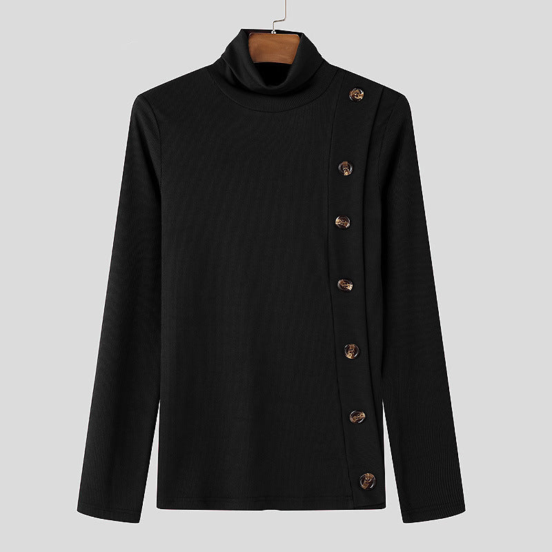 European And American Men Casual Sweater Turtleneck Buttons Solid Color Long Sleeve