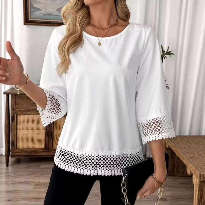 Women's Solid-Color Lace Trim Crewneck T-Shirt