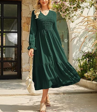 Women's Solid-Color Pleated V-Neck Flowy Casual Dress