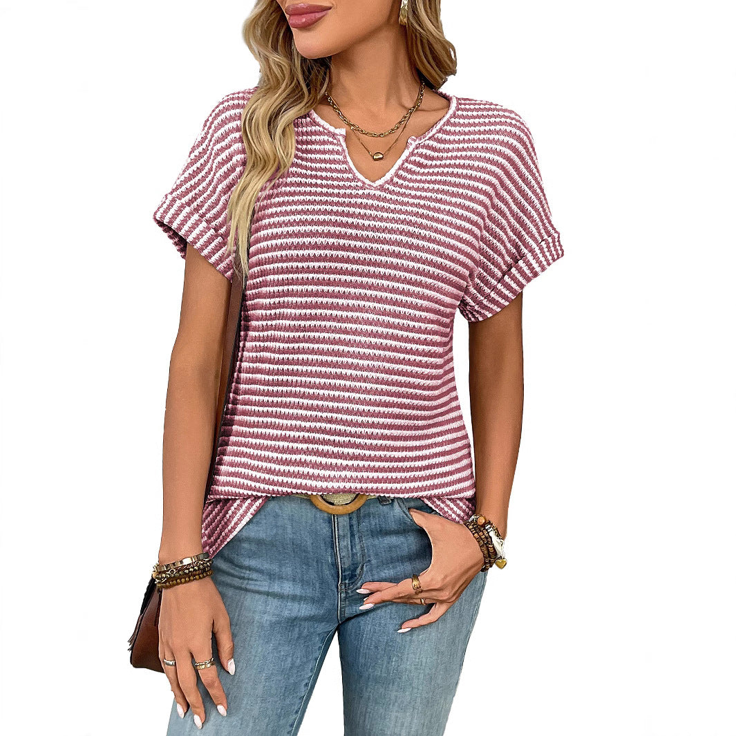 New Women's V-neck Short-sleeve Loose-fit Striped Casual Pullover T-shirt