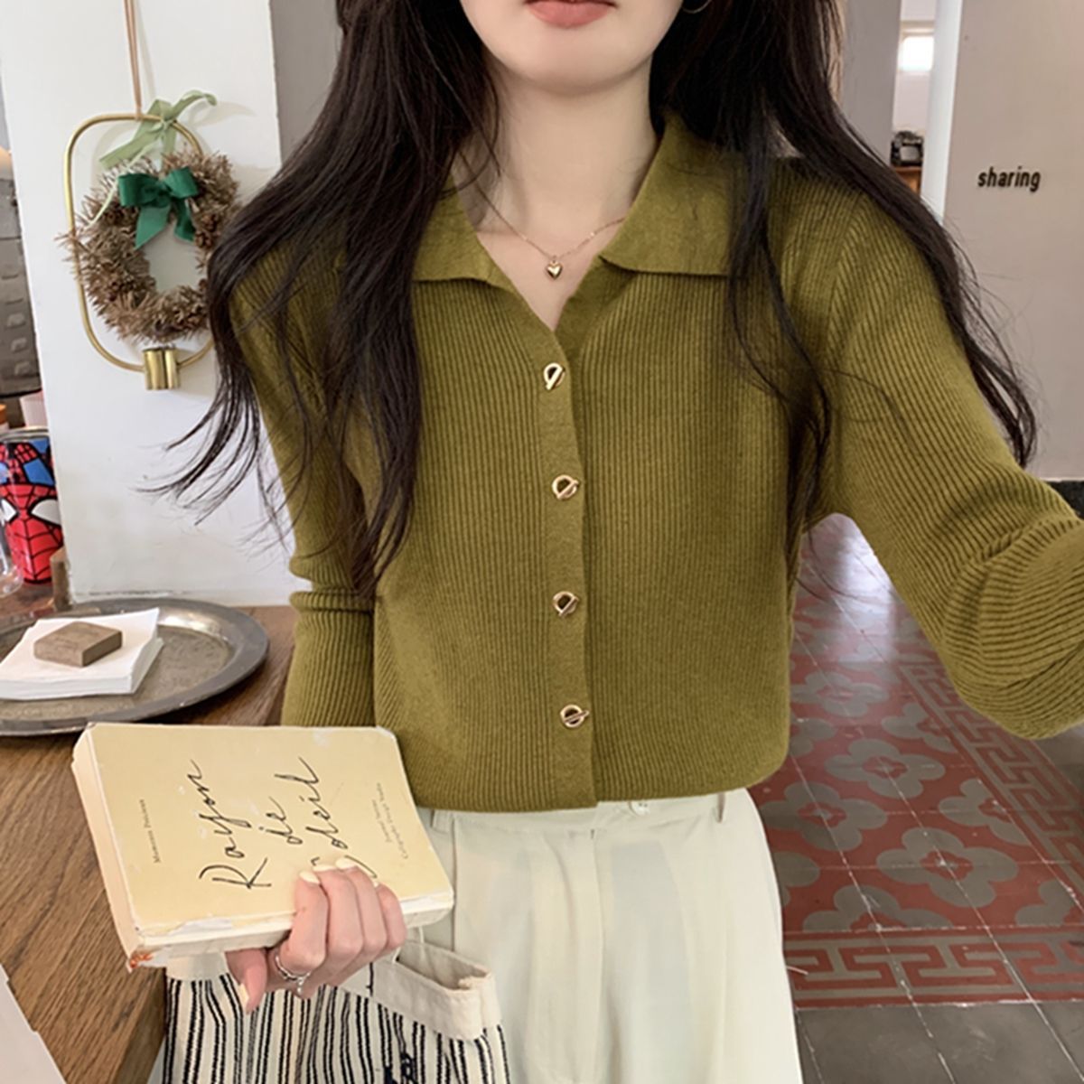 Gentle Long-sleeved Knitted Cardigan Bottoming Top