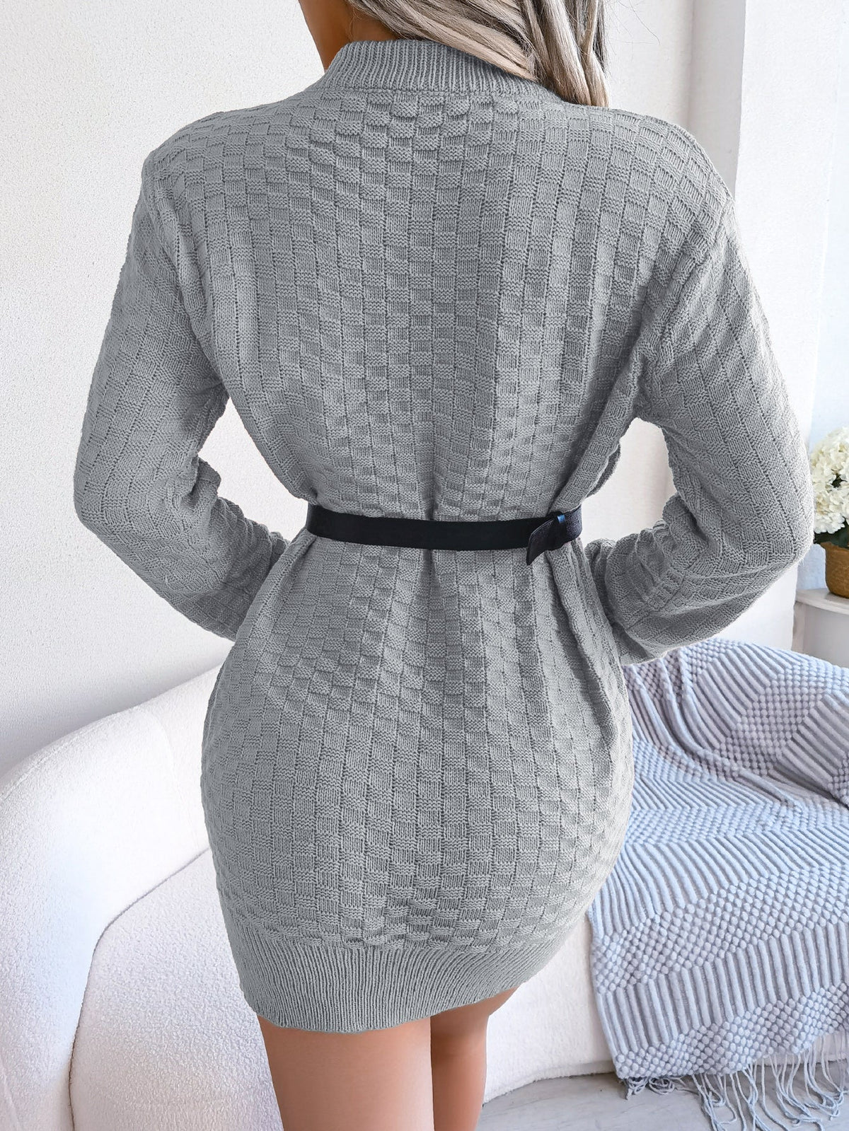 Women's Solid Color Plaid Long Sleeve Knitted Slip Dress