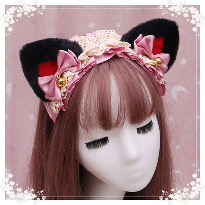 A lovely japanese Lolita hairdress, Catwoman Plush Lolita headdress, lace cat ear hair band