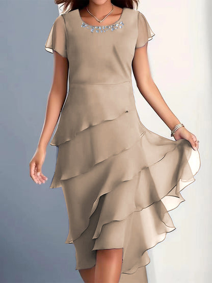 Chiffon Patchwork Round Neck Short Sleeve Dress Women