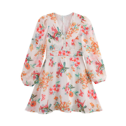 Summer Small Floral Flower Printed V-neck Tight Waist Patchwork Edge Dress