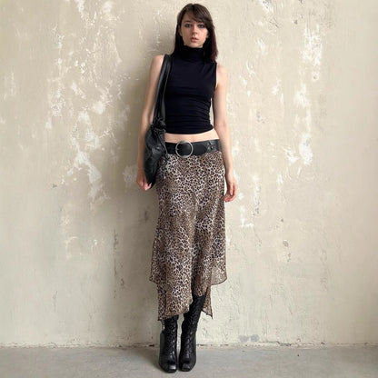 High-waisted Leopard Print Irregular Mesh Skirt