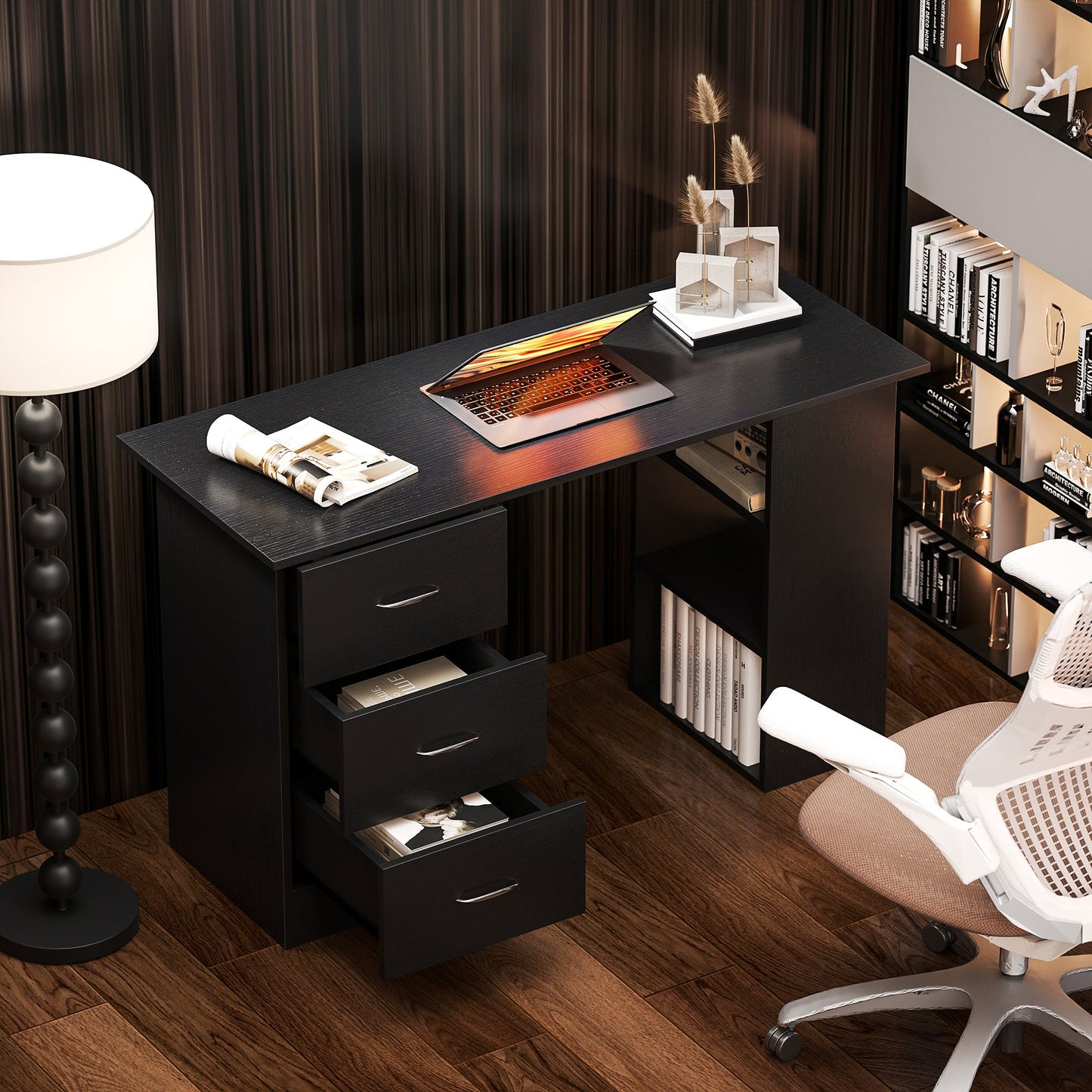 HOMCOM Computer Desk with Drawers, Home Office Desk, Writing Table, PC Workstation with 3 Storage Shelves for Working, Study, 120 x 49 x 72 cm, Black