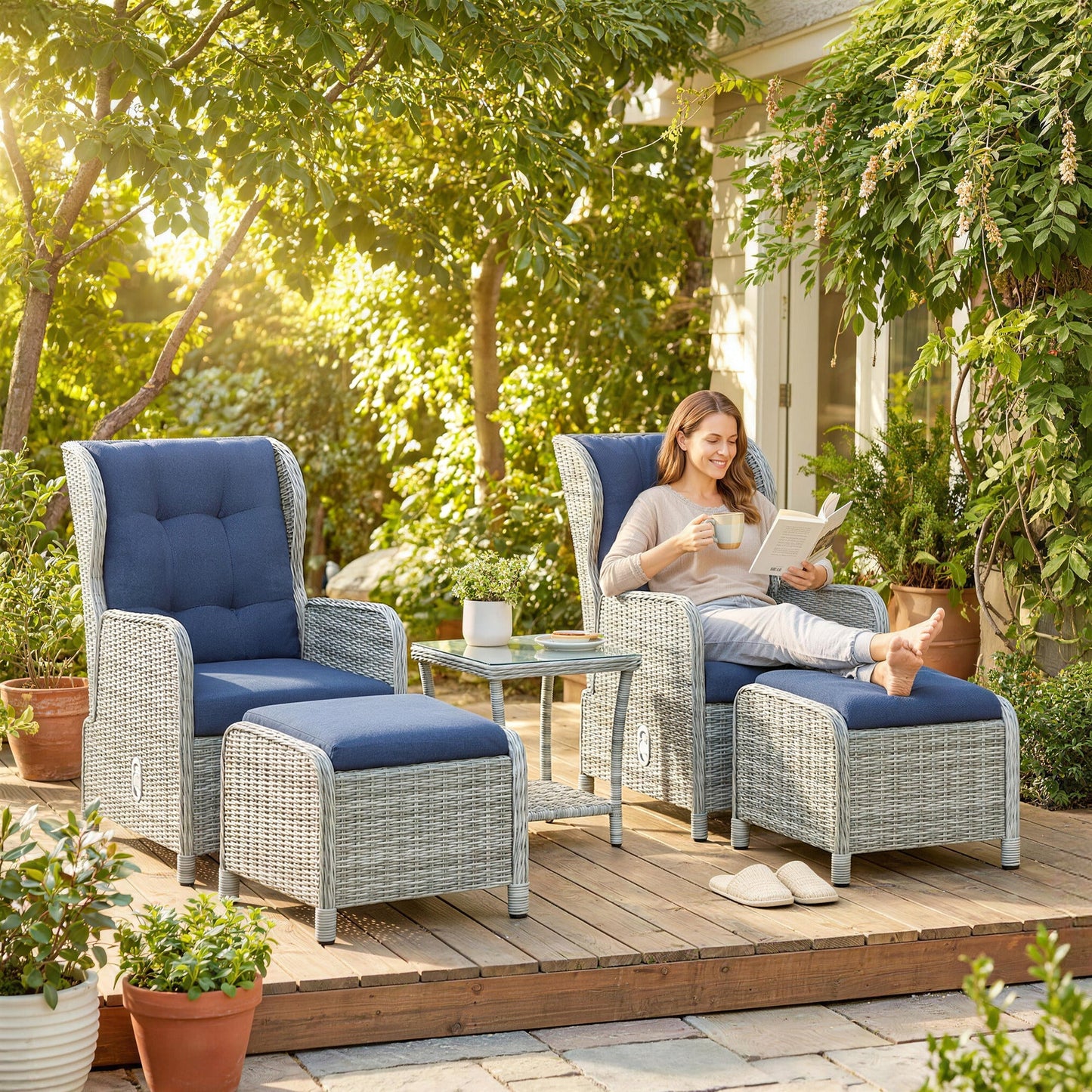 Outsunny 5 Piece Garden Furniture Set, Rattan Reclining Garden Chair Set of 2 with Footstool and Cushion for Balcony, Dark Blue
