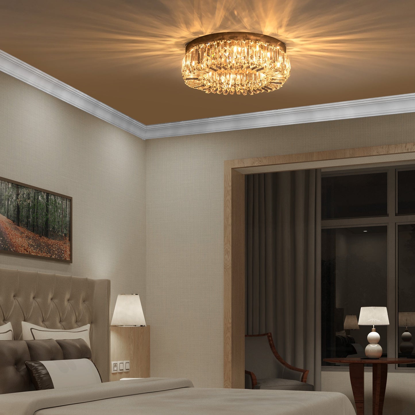 HOMCOM Crystal Ceiling Lights Set of 2, Modern Flush Chandeliers with Stainless Steel Base, Pendant Lights for Living Room Bedroom Dining Room, Silver Tone