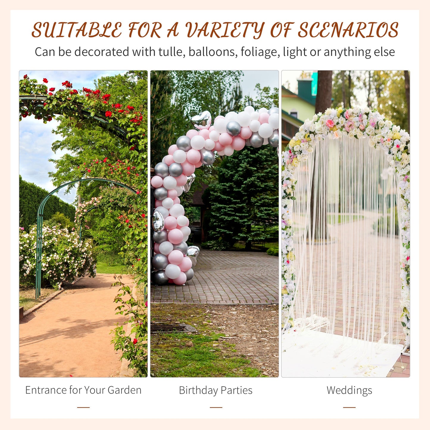 Outsunny 210cm Decorative Metal Garden Trellis Arch with Durable Steel Tubing & Elegant Scrollwork, Great for Weddings, Dark Gre