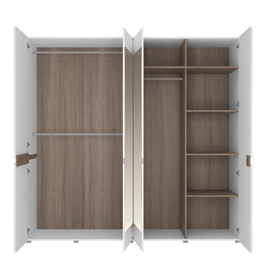 Chelsea Bedroom 4 Door Wardrobe with Mirrors in White with a Truffle Oak Trim