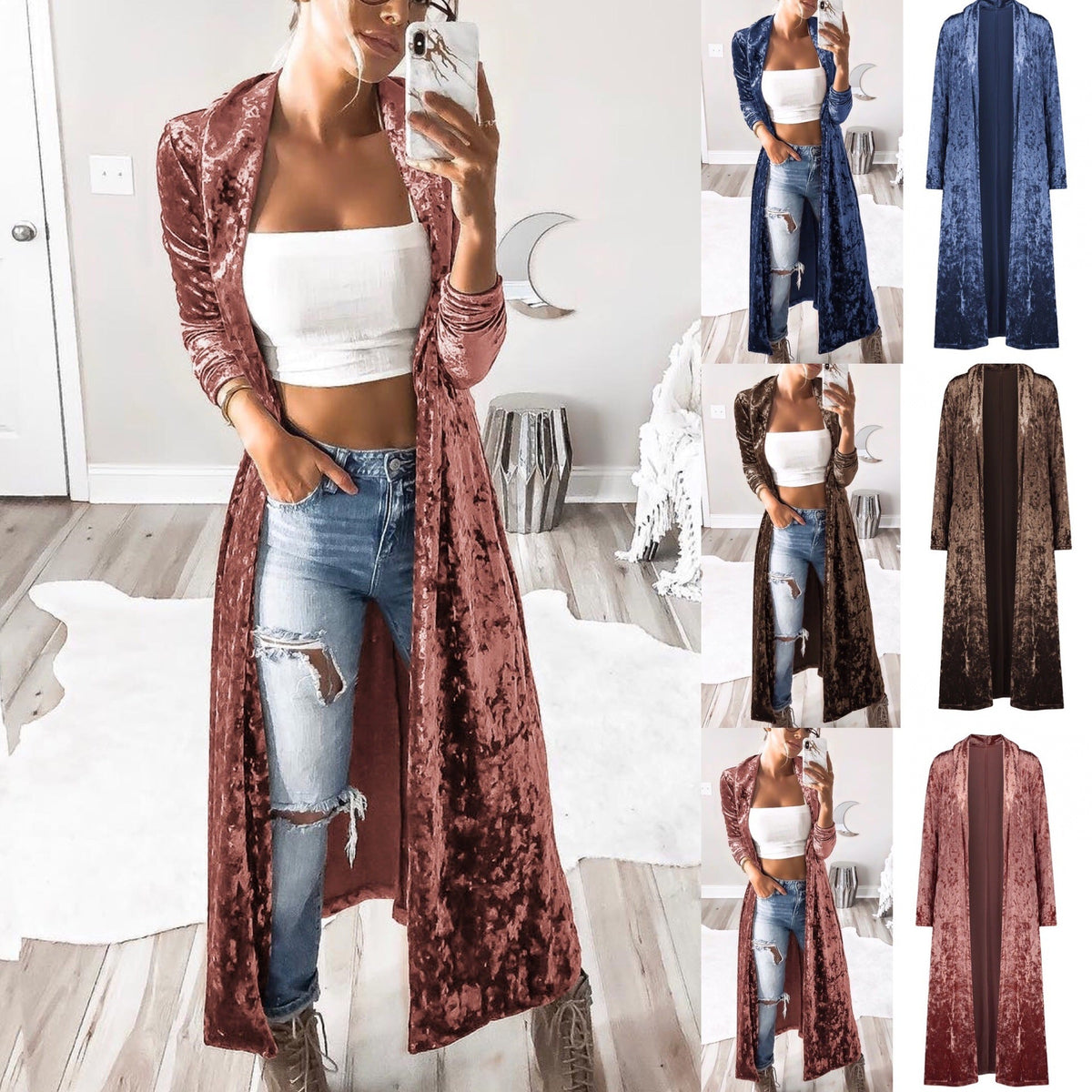 Long sleeve plus length velvet trench coat
