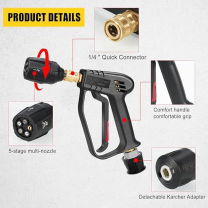 YUET High Pressure Washer Gun Handle with Multi Angle (All in One) Water Nozzle,Cleaner for Car Cleaning Kit(M22 14MM Fitting Hose Connector & 1/4"