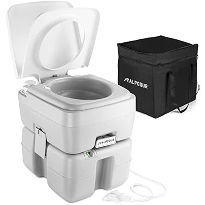 Alpcour Portable Toilet – Compact Indoor & Outdoor Commode w/Travel Bag for Camping, RV, Boat & More – Piston Pump Flush, 5.3 Gallon Waste Tank, Built-In Pour Spout & Washing Sprayer for Easy Cleaning