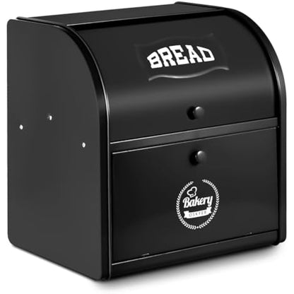 Dyserbuy 2-Layer Bread Bin, Bread Bins for Kitchen, Large Bread Box with Roll Top Lid, Metal Bread Container, Storage Bin for Fresh Loaves, Cookies, Pastries 30 x 25 x 33 cm (Black)