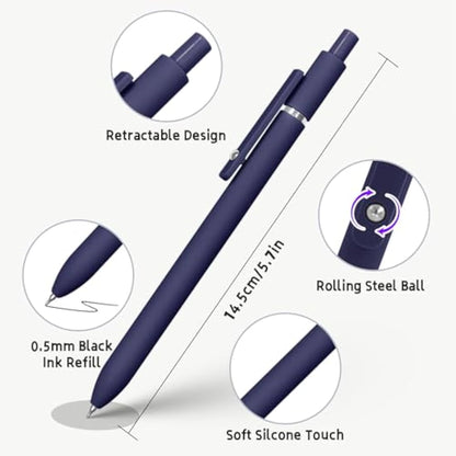 UIXJODO Gel Pens, 5 Pcs 0.5mm Japanese Black Ink Pens Fine Point Smooth Writing Pens with Silicone Grip, High-End Series Metal Clip Retractable Pens (10 Pcs Vintage)