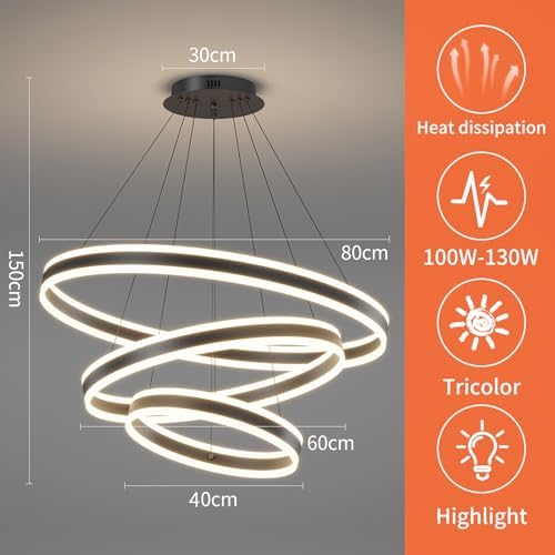 Mikeru 40+60+80CM 100W Modern Circular LED Pendant with Remote Control, 7600LM 10%-100% Dimmable Three Layers Pendant Lights 3000k/4500k/6000k for Kitchen Island, Living Room(Without Batteries)