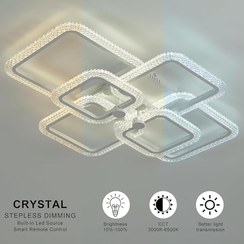 HIHIHOMY Modern Ceiling Light, With 6 Square Acrylic Crystal Frames, Dimmable With Remote Control, 3000K-6500K, Recessed Metal Led Ceiling Light For Kitchen