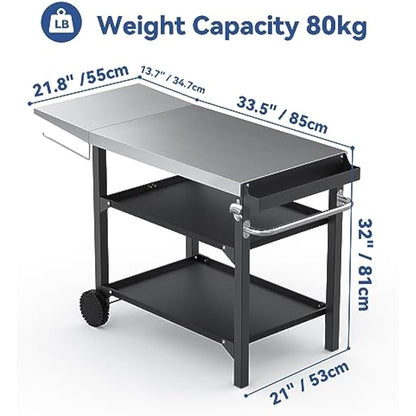onlyfire BBQ Trolley Food Prep Table Stainless Steel, Flattop Worktable with Side table, Two-Layer Steel Storage Shelves and Utensil Holder
