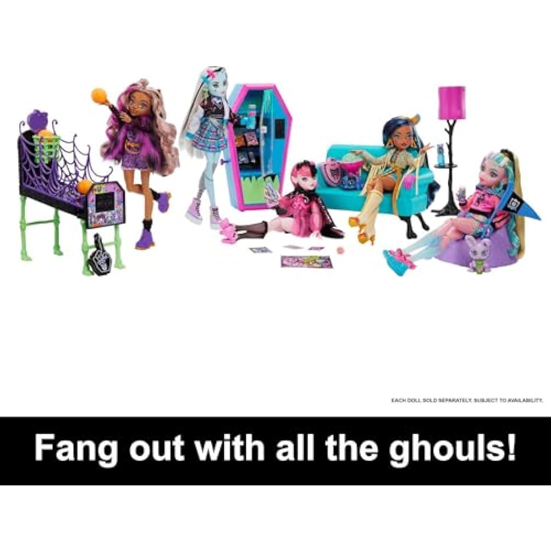 Monster High Student Lounge Playset, Doll House Furniture and Themed Accessories with Two Pets and Working Vending Machine