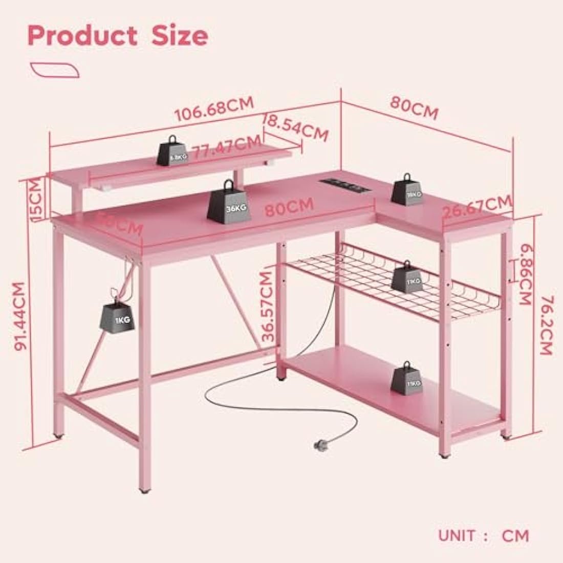 Bestier 106.5CM L-Shaped Desk with Power Outlets & LED Lights, Reversible Corner Desk with Shelves & Hooks for Home Office, Bedroom & Small Spaces